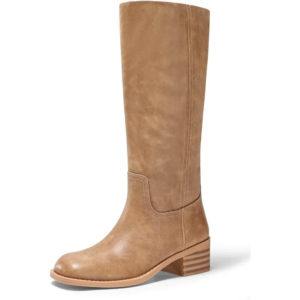Women's Knee High Boots Square Toe Chunky Block Heel Comfortable Low Heel Shoes